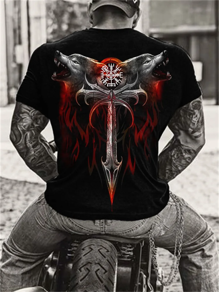 Broswear Men's Viking Vegvisir Wolves Sword Graphic T Shirt