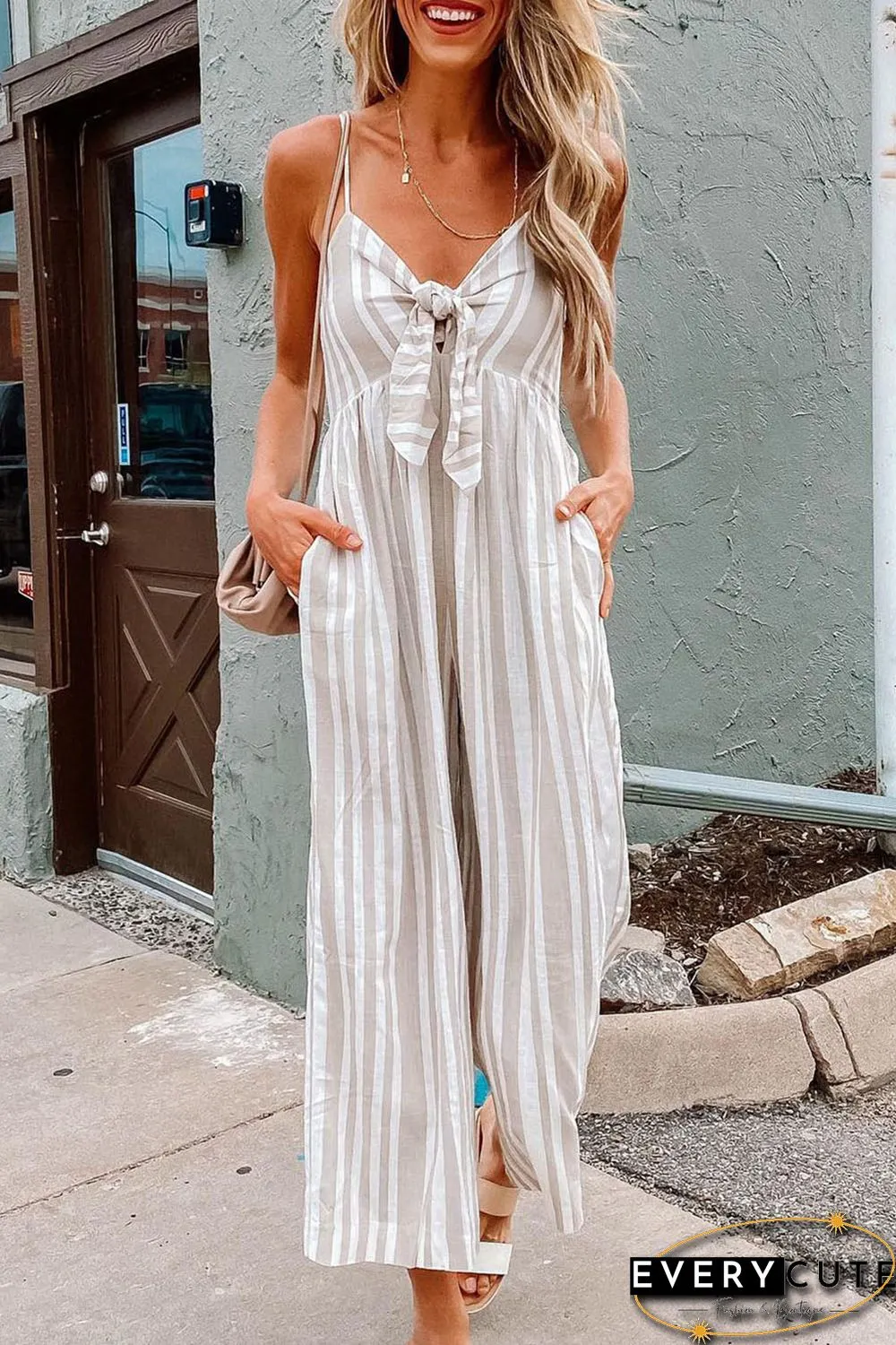 Front Knotted Striped Cropped Jumpsuit