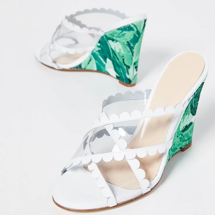 White Clear Crossover Strap Mules Shoes with Printed Wedges |FSJ Shoes