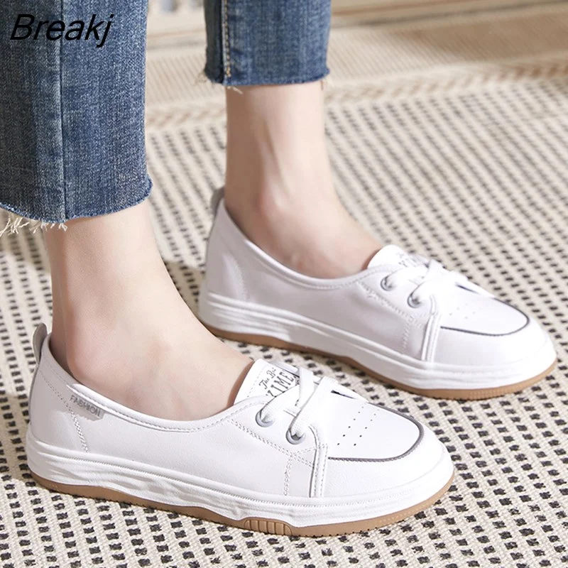 Breakj Genuine Leather Shoes Women Flats Spring Summer Soft Cow Leather Women Casual Shoes Brand Ladies White Shoes A4871
