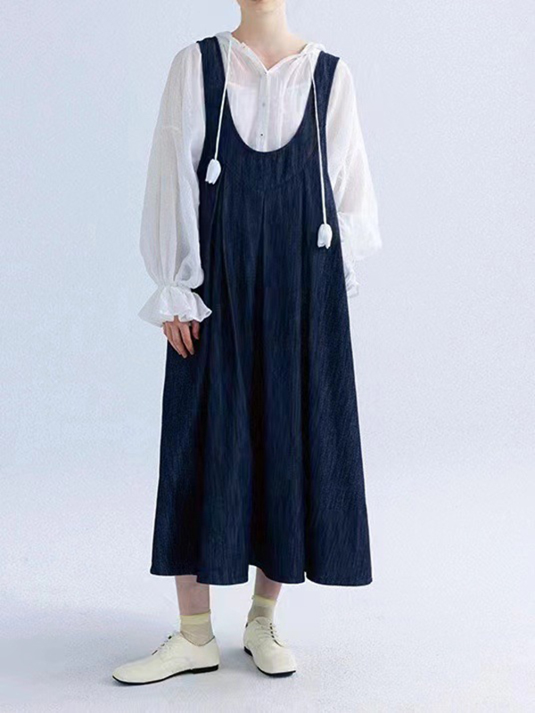 Back Lace-Up Pleated Strap Sleeveless Solid Color Denim Midi Dress