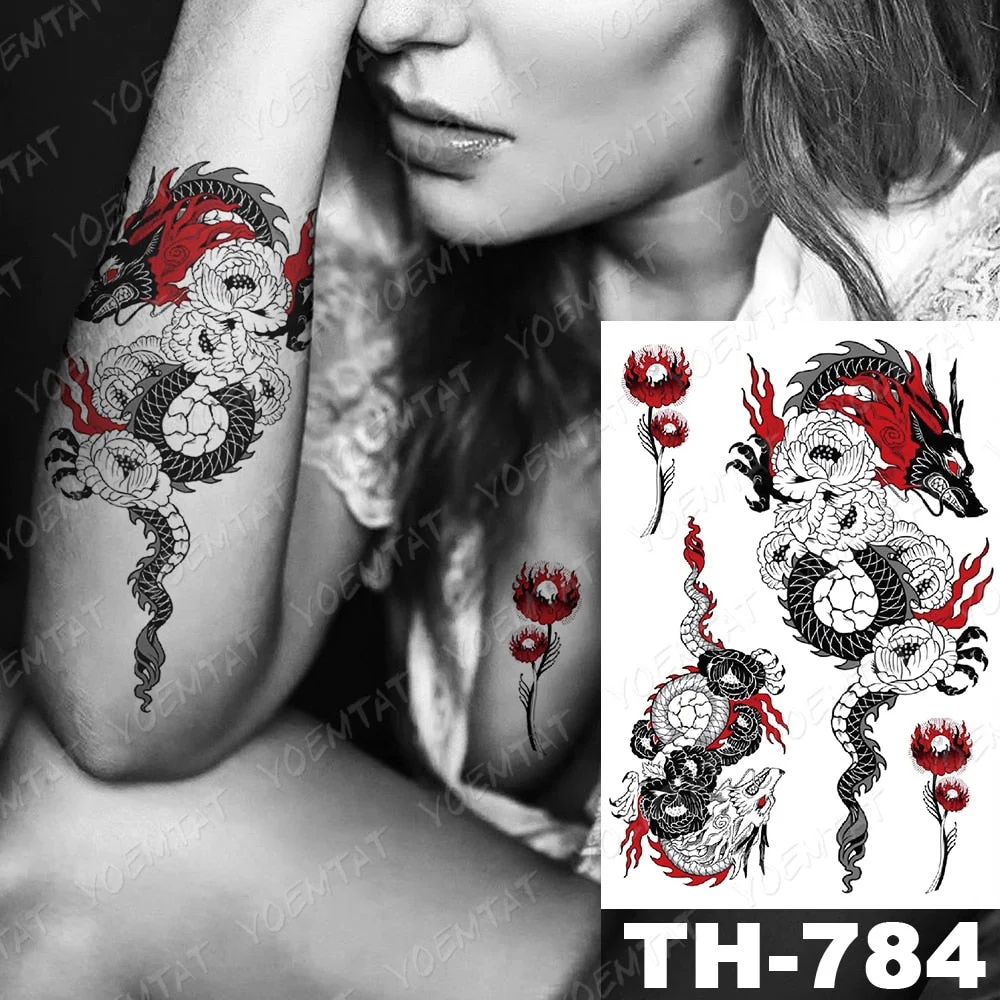Waterproof Temporary Tattoo Stickers Fox Dragon Wolf Monster Old School Lotus Peony Flash Tatto Women Men Body Art Fake Tattoos