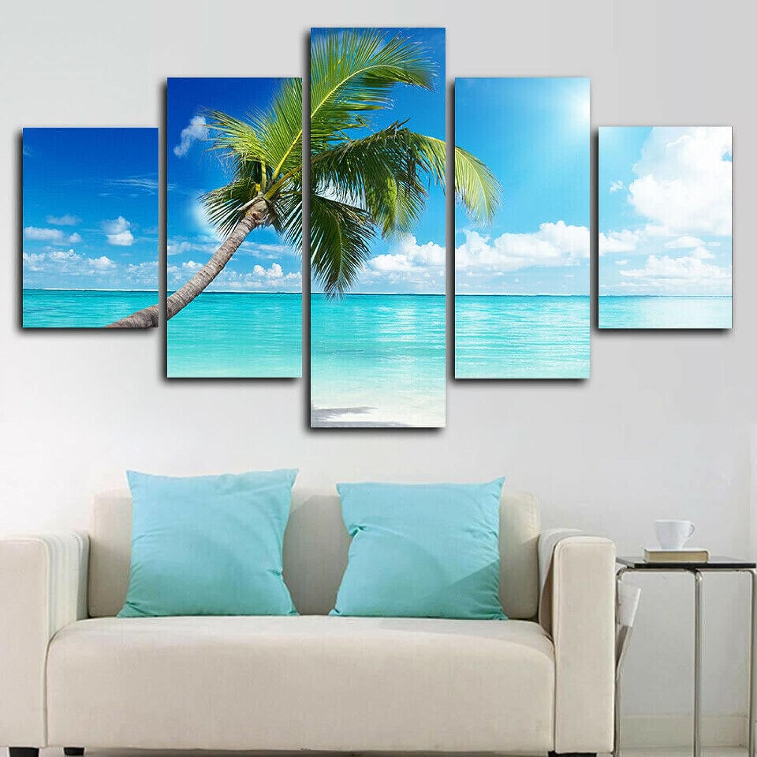 GUOGUAN Canvas Wall Art 5 Panels Palm Tree Islands Tropical Beach Large 5 Piece Canvas Wall Art Prints On Canvas Poster Artwork Framed Modern Home Decor for Living Room Dining Room Bedroom Large Size 60 x 32 inch