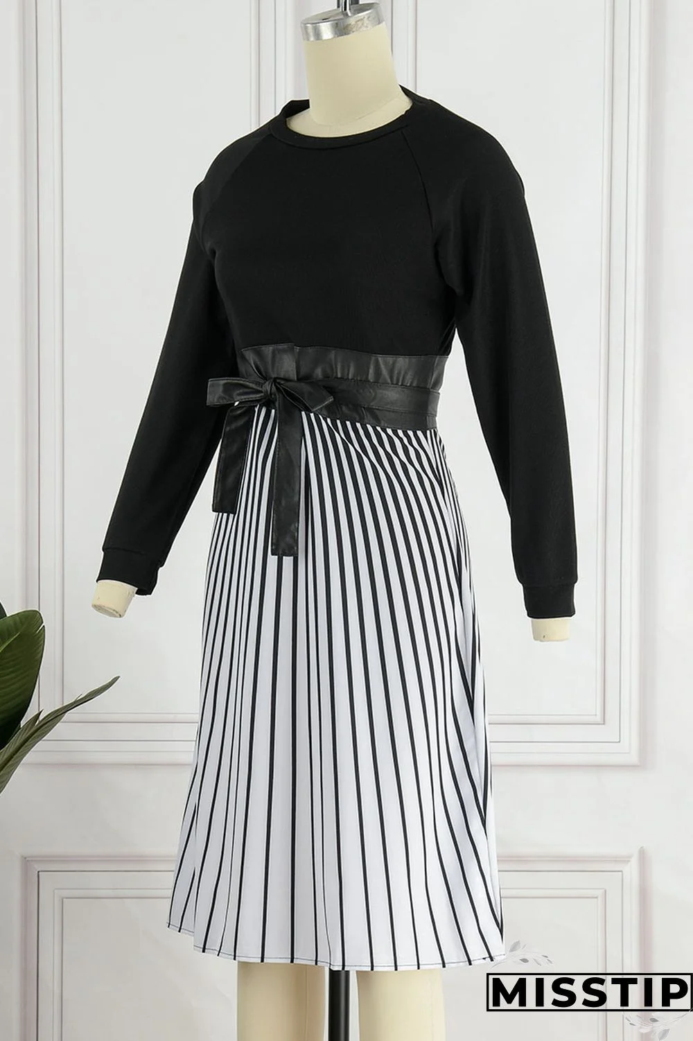 Black Casual Striped Print Patchwork O Neck A Line Dresses