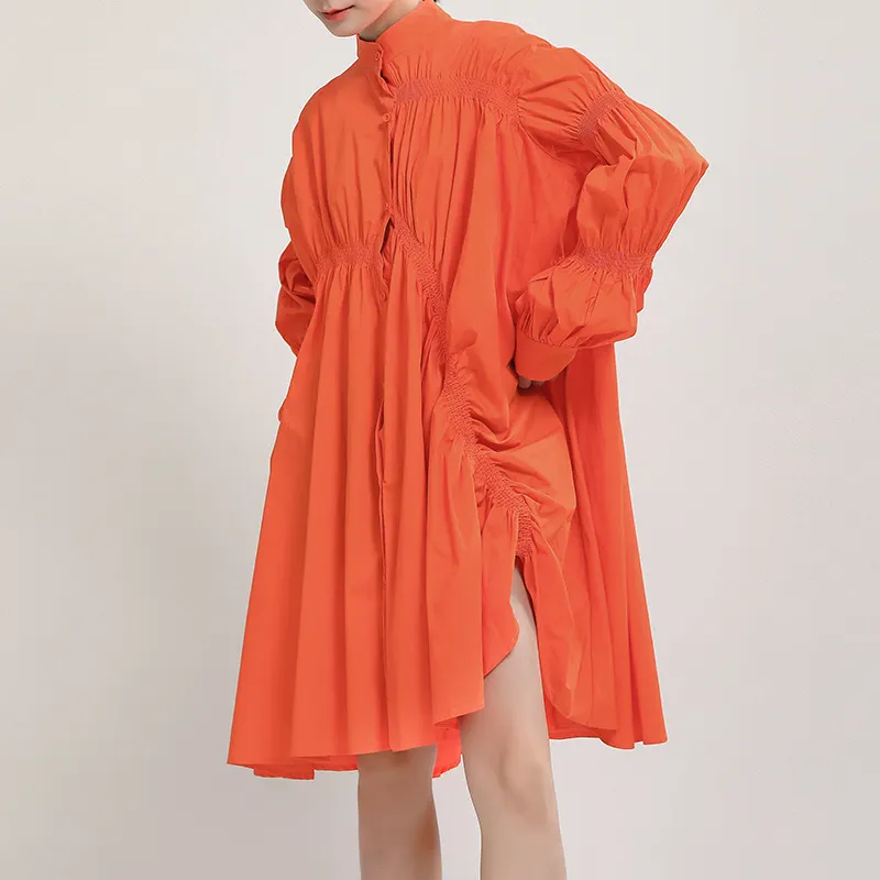 Unique Pleated Lantern-Sleeve Dress