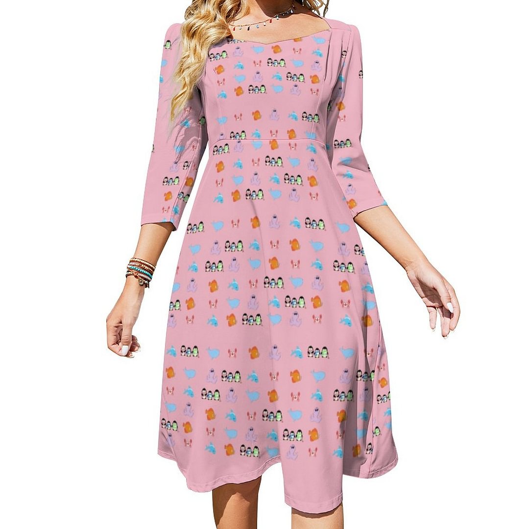 Adult Baby Cute Animals Abdl Baby4Life Dress Sweetheart Tie Back Flared 3/4 Sleeve Midi Dresses