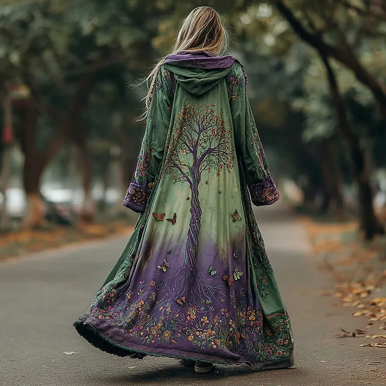 Women's Floral And Life Of Tree Art Cozy Maxi Hooded Cape