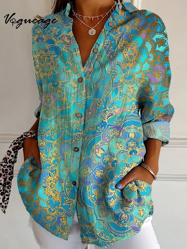 Elegant And Dignified Lines Plants And Flowers Long Sleeve Printed Cotton And Linen Shirt