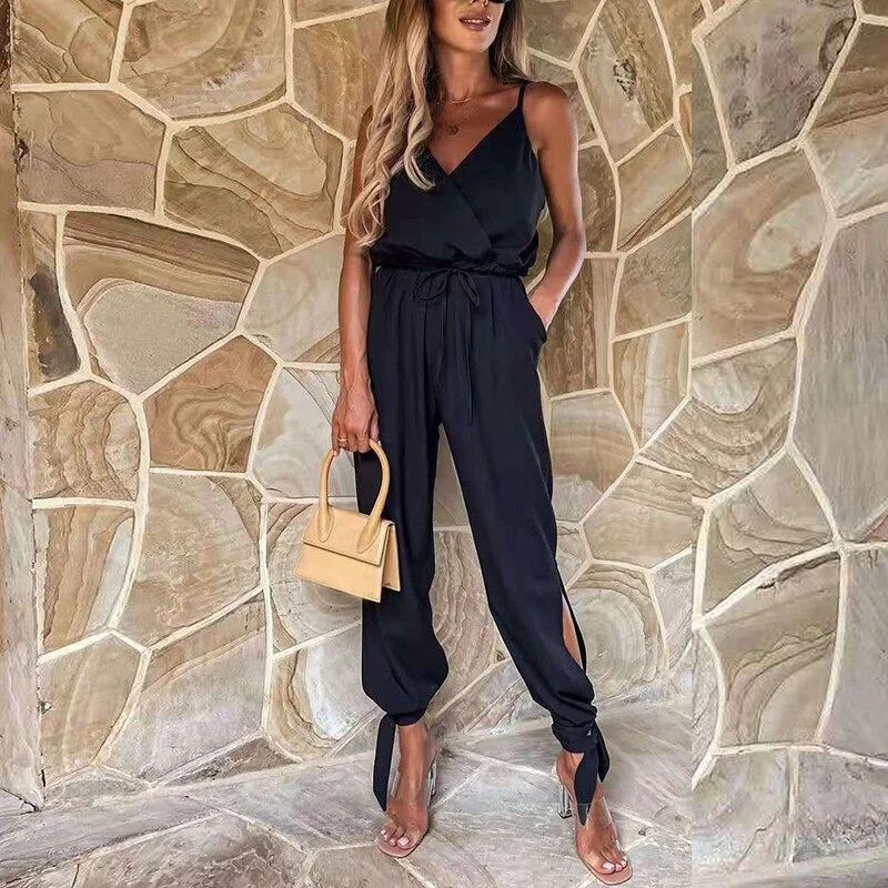 Summer Sexy Sling V-Neck Backless Playsuit Office Lady Elegant Solid Lace-Up Overalls Romper Casual Loose Women Jumpsuits 3XL