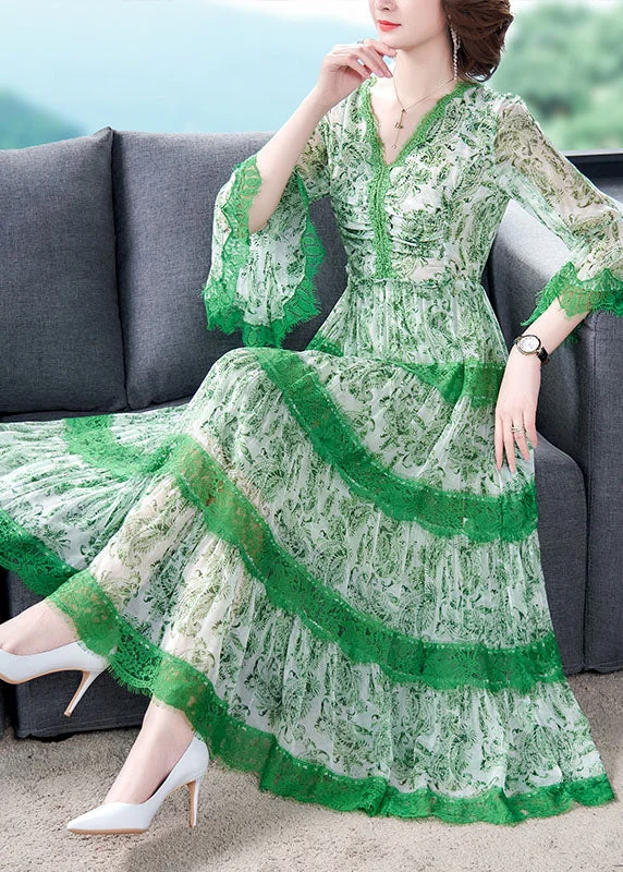 Plus Size Unique Green V Neck Print Lace Dress