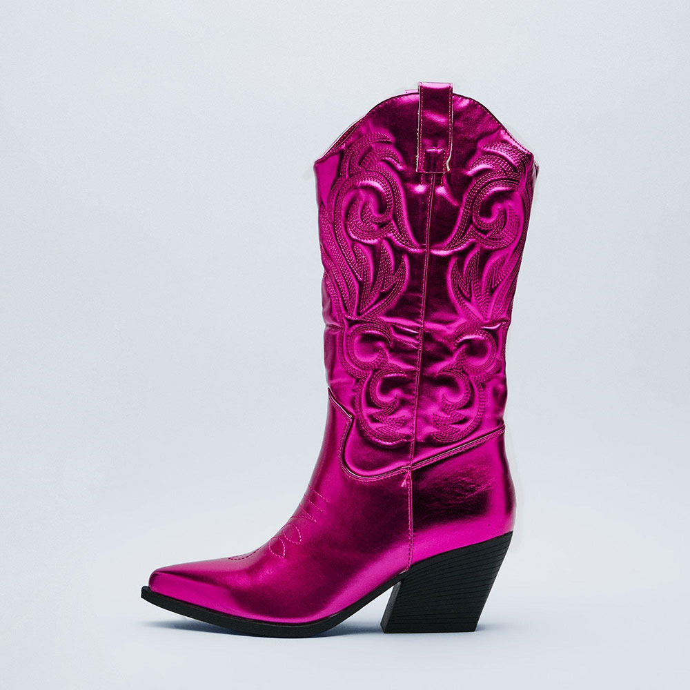 Fuchsia Metallic Embroidered Chunky Heel Wide-Calf Cowgirl Boots Nicepairs