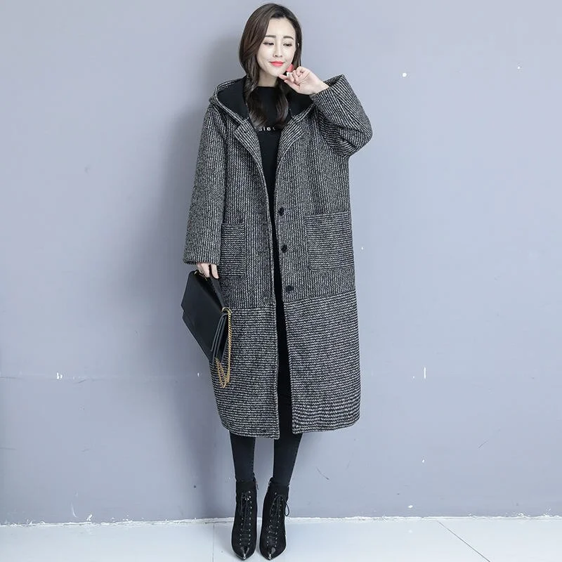 Suofun Loose Long Large Size 2021 New Fashion Thickened Women Autumn Winter Woolen Coat Korean Velvet Hooded Wool Coats