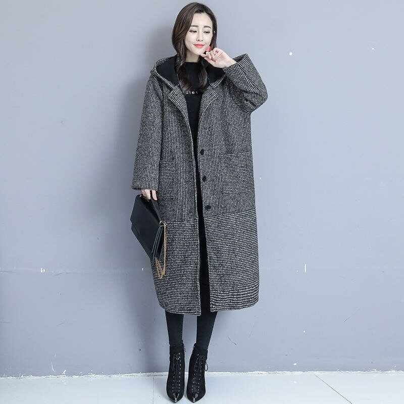 Suofun Loose Long Large Size 2021 New Fashion Thickened Women Autumn Winter Woolen Coat Korean Velvet Hooded Wool Coats