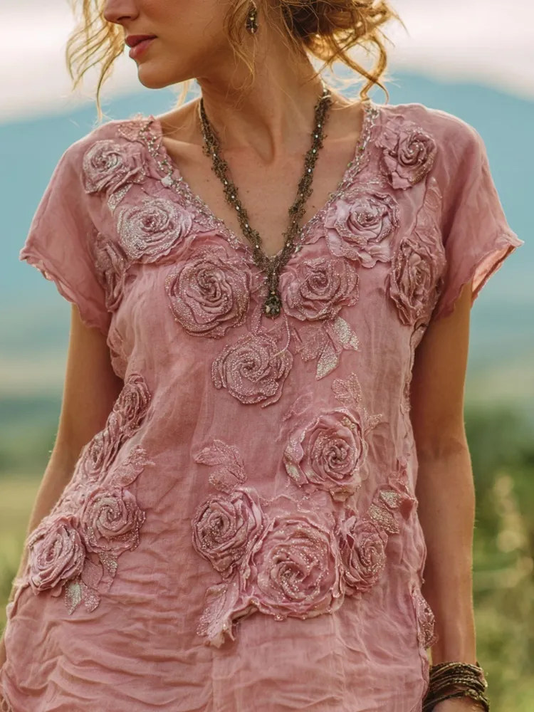 Vintage Pink Roses Embroidered V Neck Cozy Linen Shirt