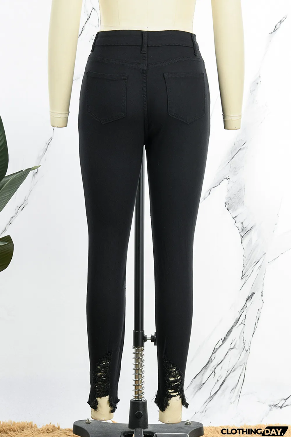 Black Casual Solid Ripped High Waist Skinny Denim Jeans