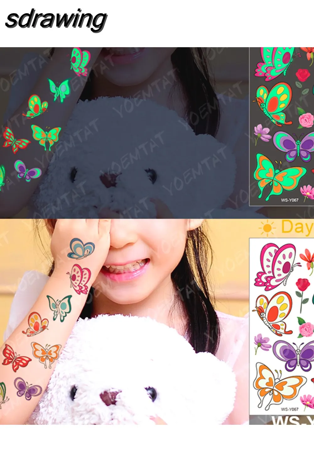 sdrawing Kids Luminous Waterproof Temporary Tattoo Stickers Cute Husky Poodle Corgi Dog Glowing Tatoo Arm Flashing Tatto Girl