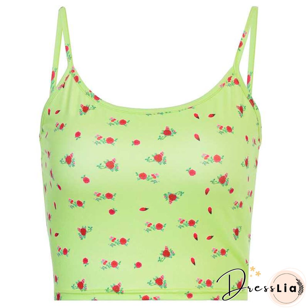 Ribbed Knit Flower Prints Cropped Cami Tops Lace Trim Tank