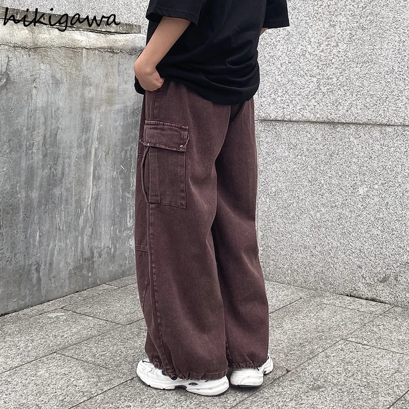 Brownm Japanese Wide Leg Pants Women High Waist Vintage Cargo Pants 2022 New Bottoms Korean Fashion Streetwear Casual Trousers