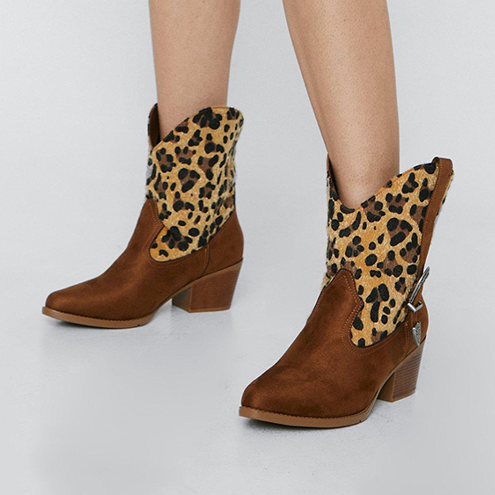 Brown Pointed Toe Cowgirl Boots Cone Heels With Leopard Skin Ankle Boots