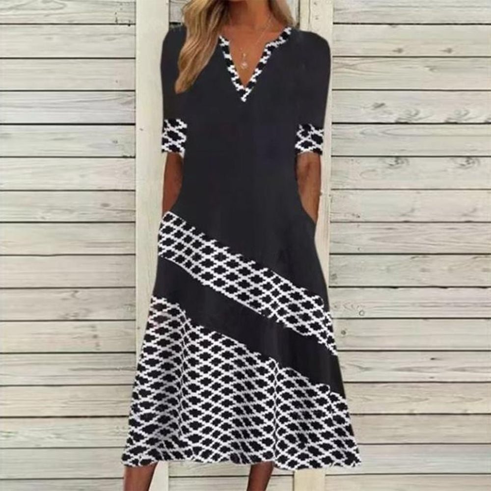 Distinctive V-Neck Short Sleeve Midi Dress