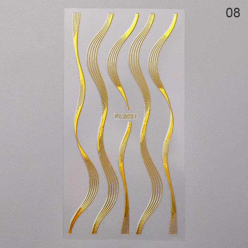 Gold 3D Nail Sticker Curve Stripe Lines Nails Stickers Gradient Adhesive Striping Tape Nail Foil Nail Art Stickers Decals Silver-Nail Inspo
