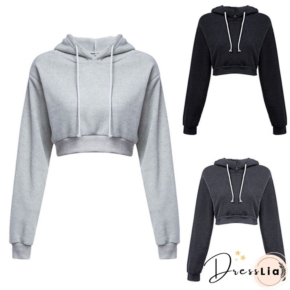 Fashion Womens Sexy Casual Cotton Plain Stitching Long Sleeve Hooded Short Sweatshirt Crop