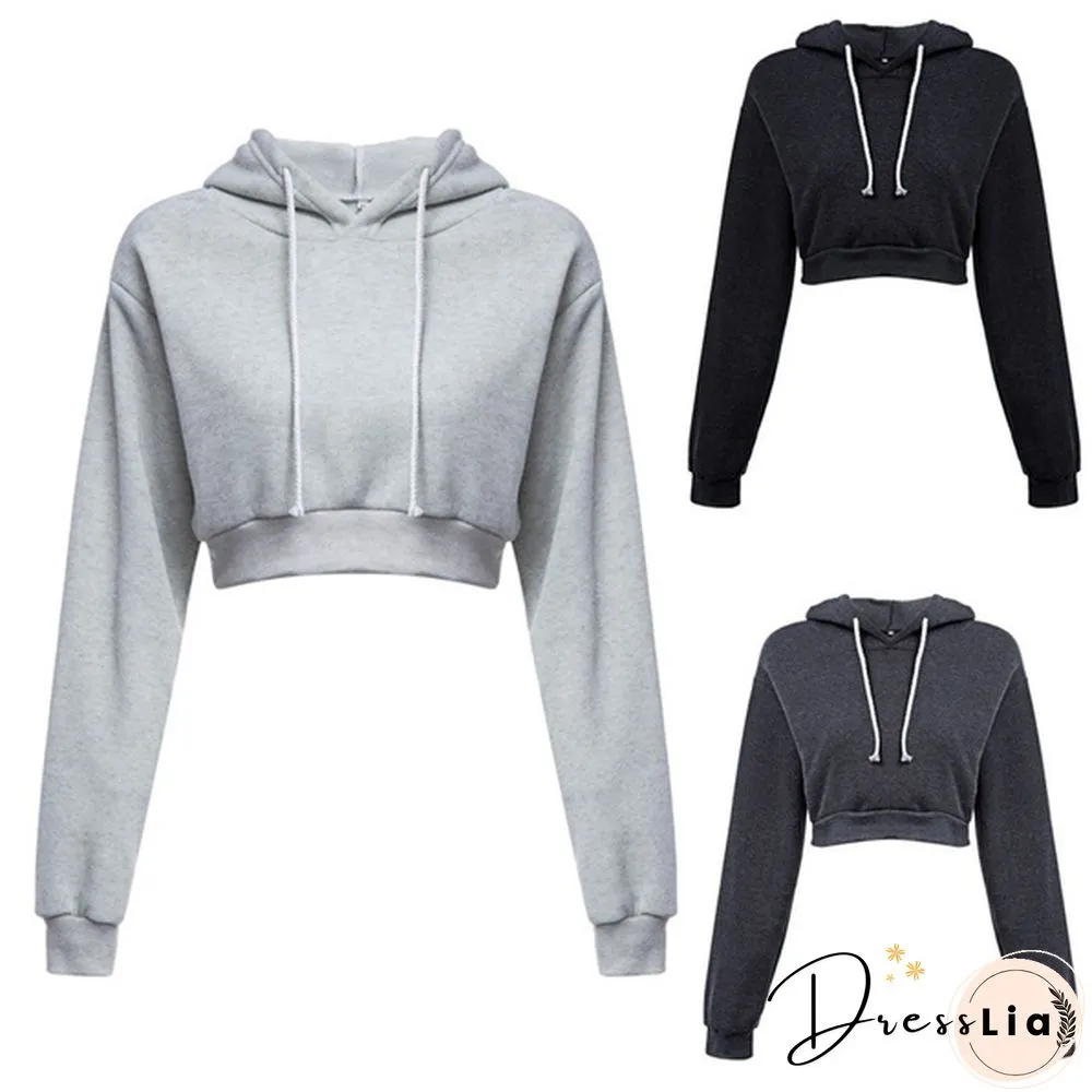 Fashion Womens Sexy Casual Cotton Plain Stitching Long Sleeve Hooded Short Sweatshirt Crop