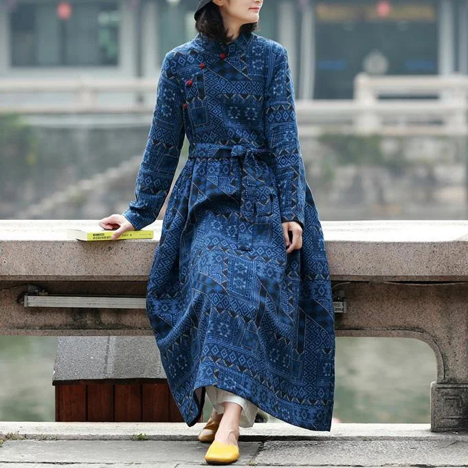 Classy tie waist linen spring clothes design blue prints Dress