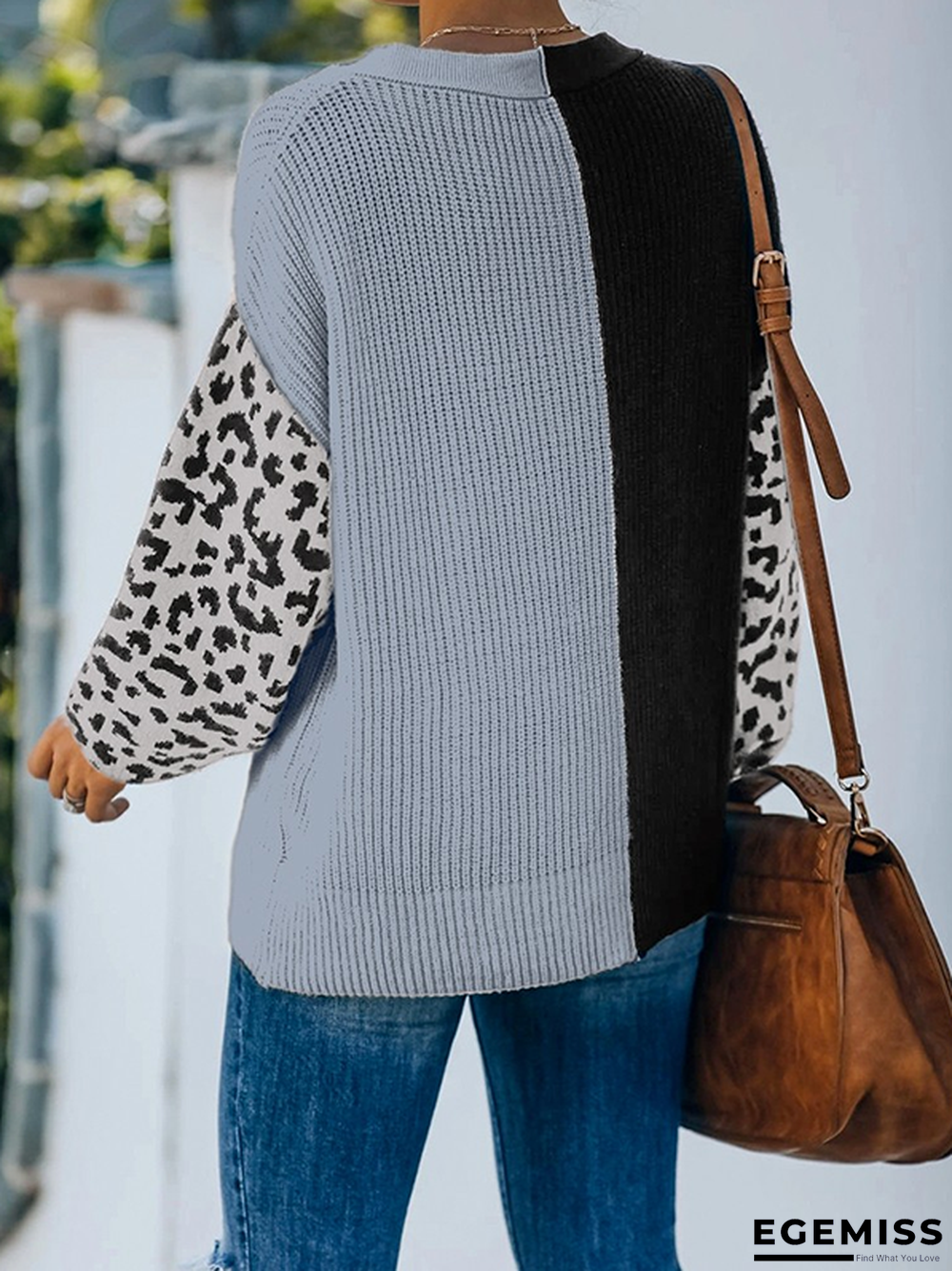 Leopard Color Block V Neck Casual Sweater | EGEMISS