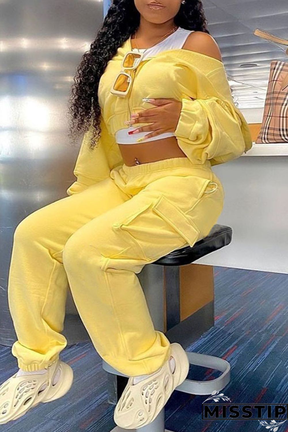 Yellow Fashion Casual Solid Patchwork O Neck Long Sleeve Two Pieces