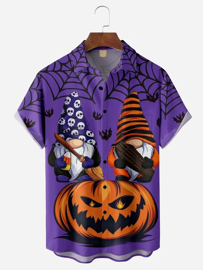 Halloween Gnome Pumpkin Chest Pocket Short Sleeve Casual Shirt