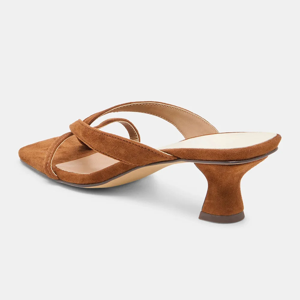 Brown Vegan Suede Square Toe Spool Heel Flip Flops Mules Sandals