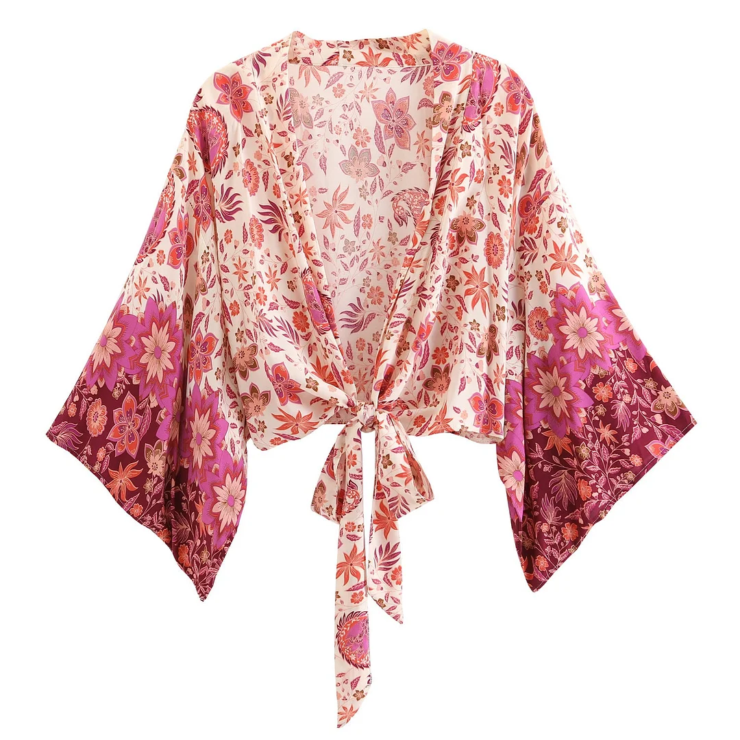 Uveng Print Collar Batwing Sleeve Bohemian Blouses