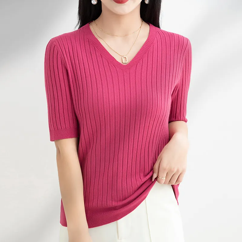 Churchf Churchf The Summer Of 2024, Women's Knit Short Sleeve Korean V-Neck Solid Color T-Shirt And A Pit Top