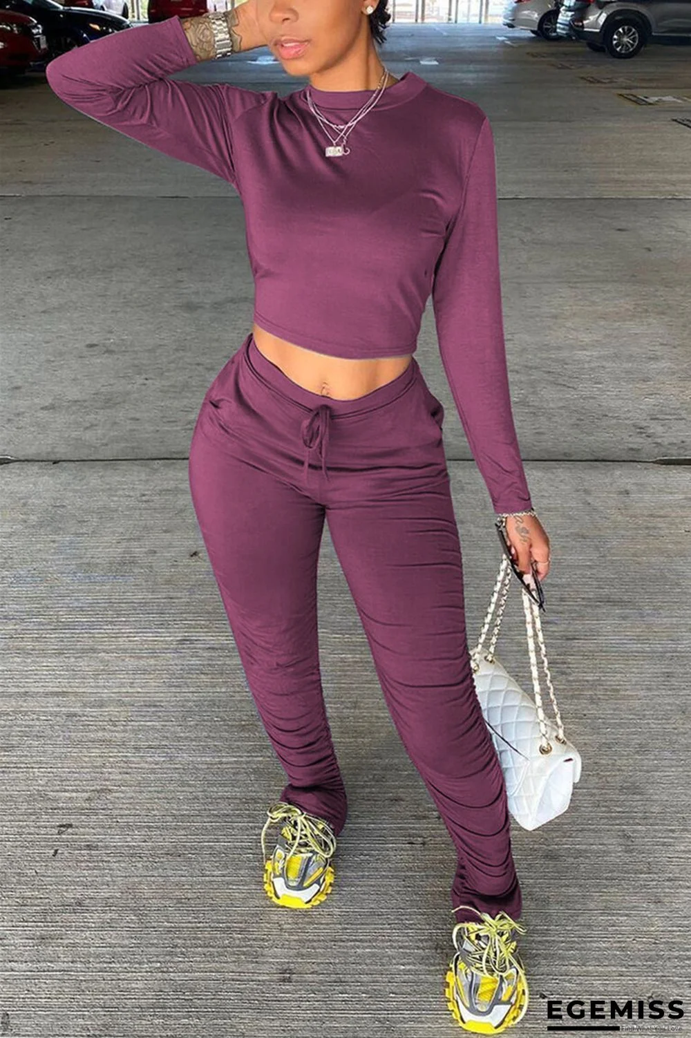 fuchsia Fashion Solid pencil Long Sleeve Two Pieces | EGEMISS