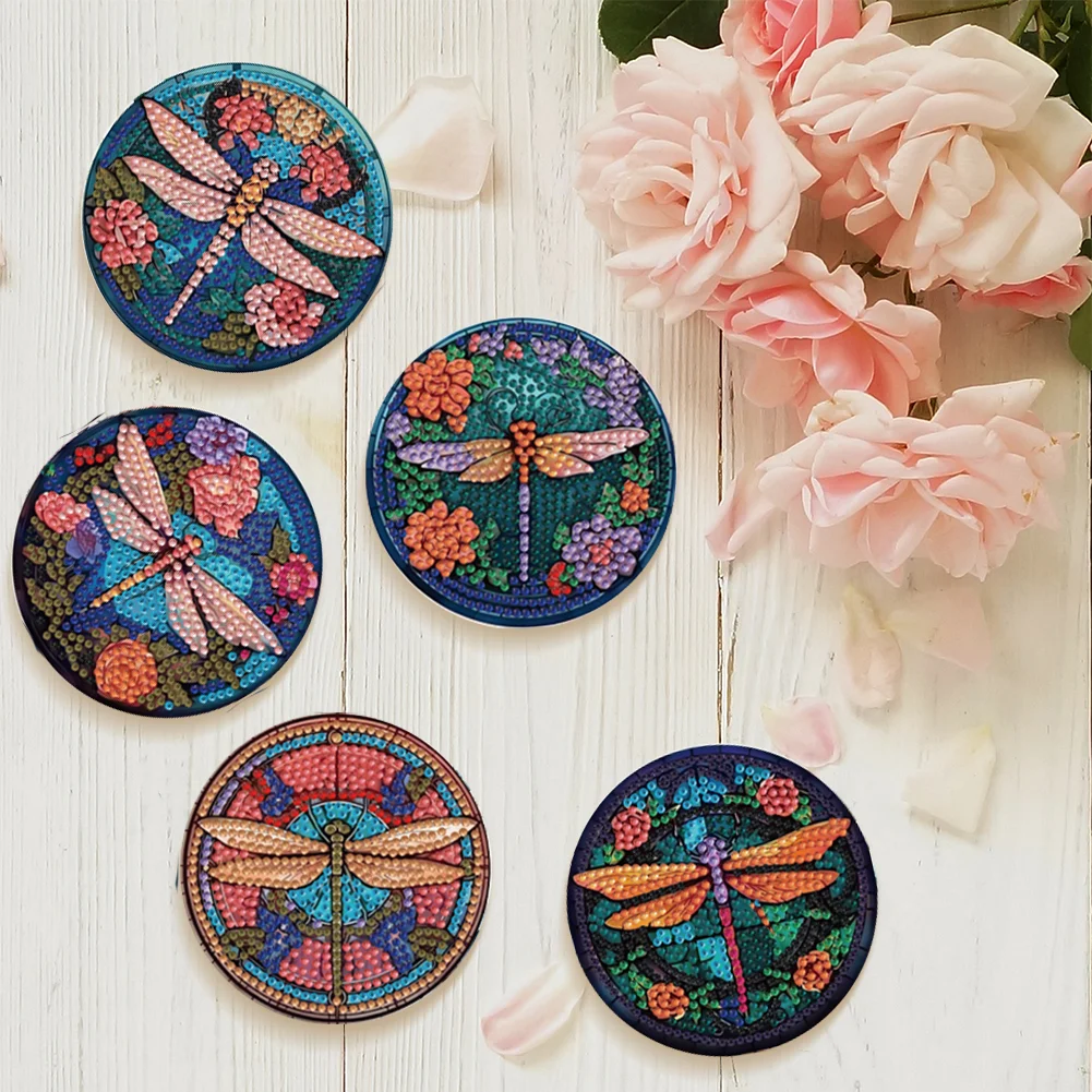 8pcs Dragonfly DIY Diamond Painting Coasters Kits with Holder Wooden Coaster