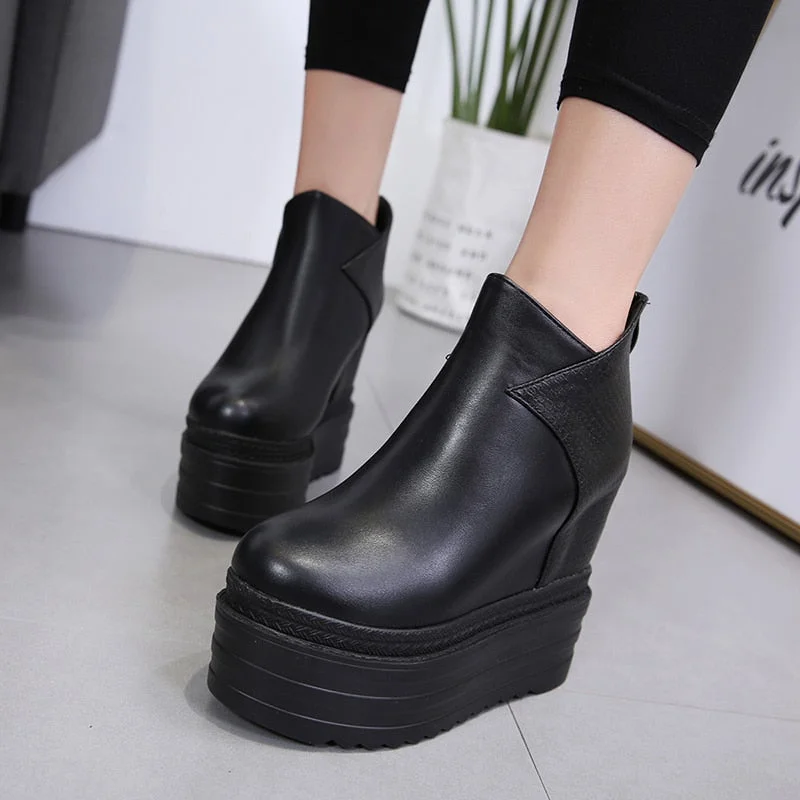 Vstacam Back to School Female Platform Wedges Boots Black Autumn Ankle Boots For Women High Heels Ladies Leather Shoes Back Zipper High Quality