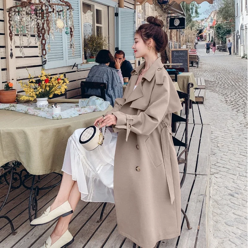 Fashion New Khaki Pink Trench Coat for Women Double-Breasted Long Duster Coat with Belt Lady Windbreaker Spring Autumn Outerwear