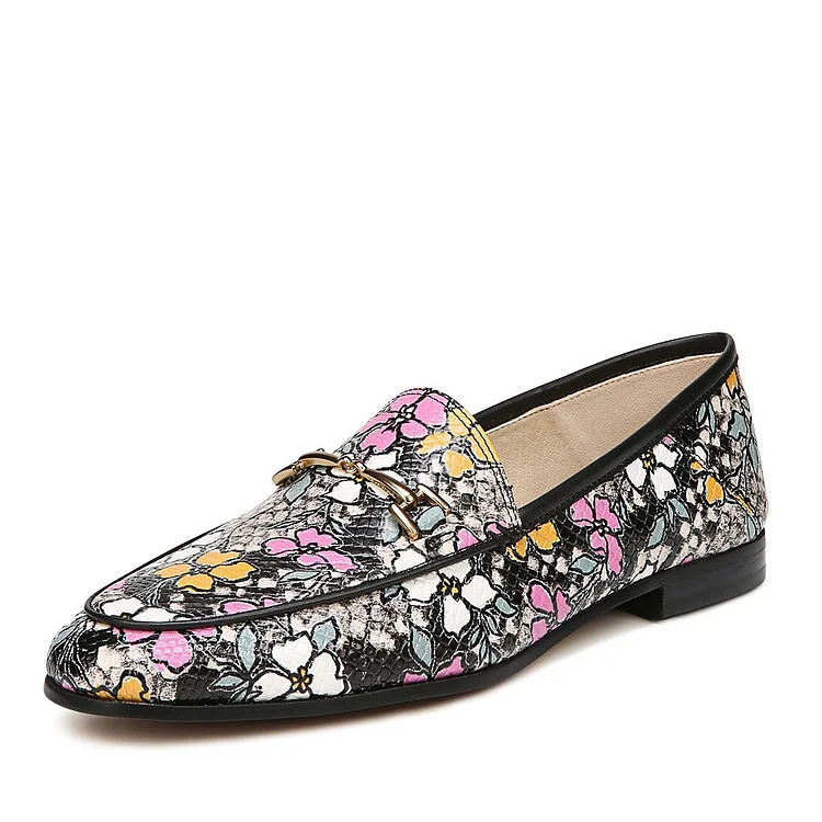 Multicolor Floral Print Round Toe Horsebit Flats Women's Loafers |FSJ Shoes