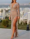 Sequinned Asymmetric Tasseled Split-Side Long Sleeves V-Neck Evening Dress