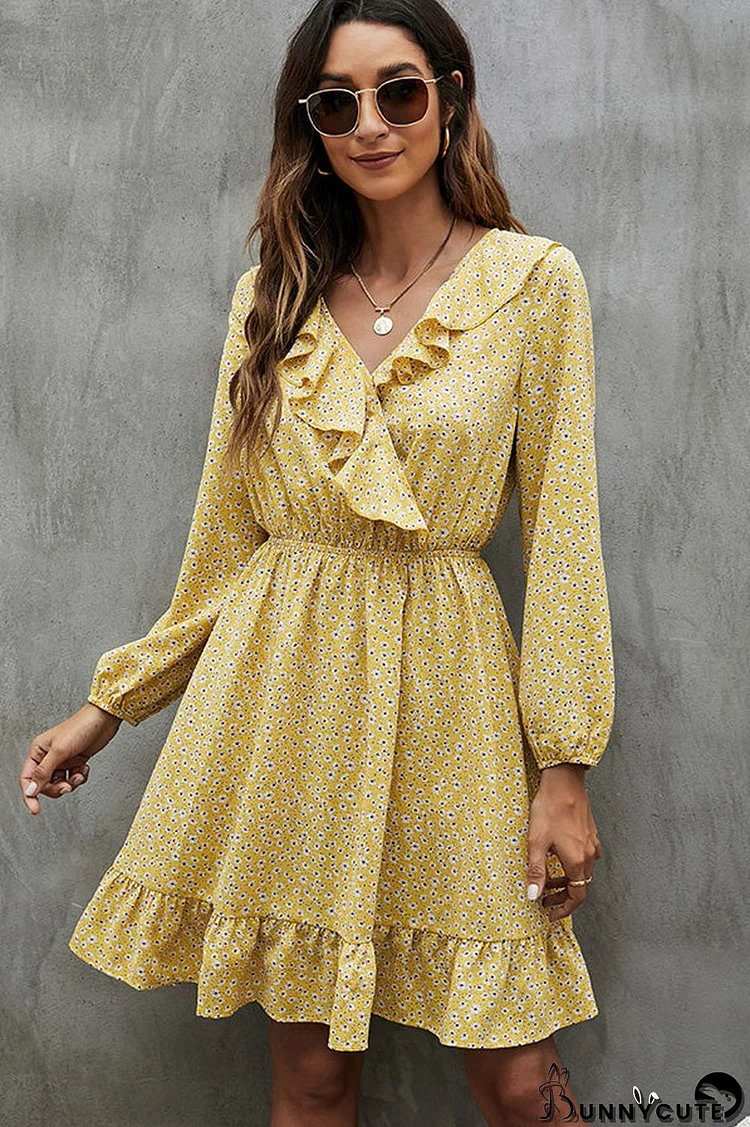 V Neck Floral Print Ruffled Mini Dress