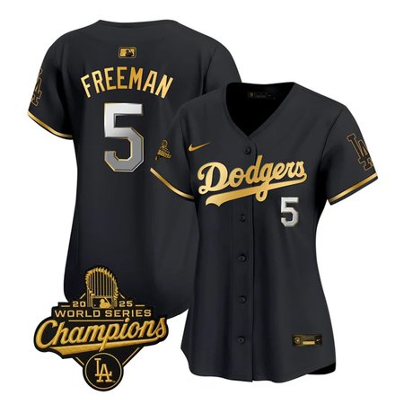 Women's Los Angeles Dodgers #5 Freddie Freeman  Black Golden 2025 World Series Champions Home Limited Jersey