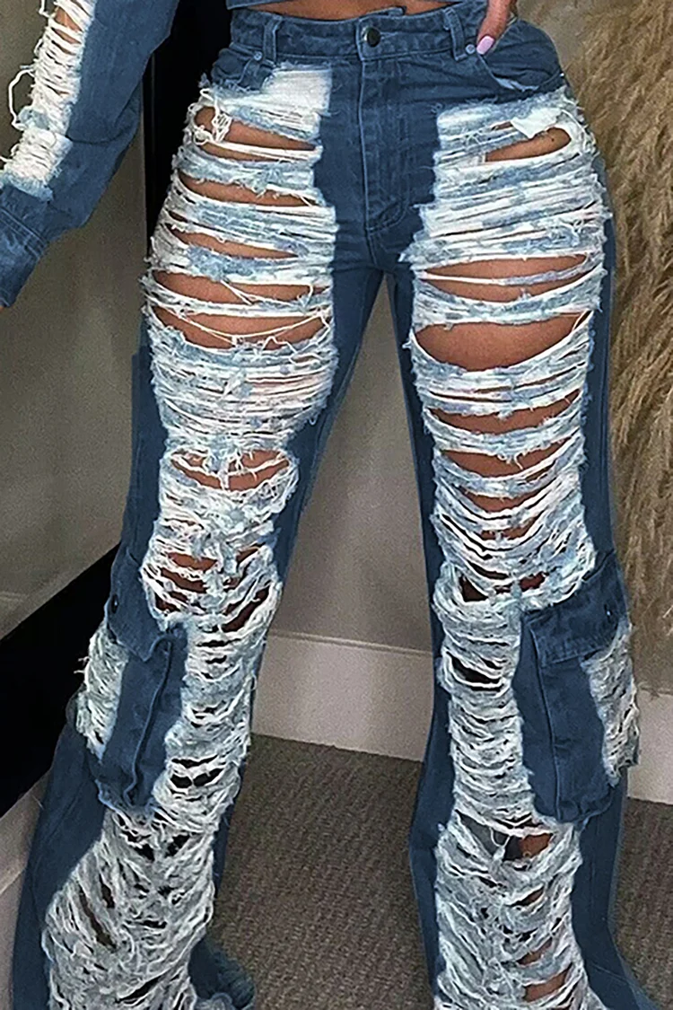 Denim Ripped Cut Out Pocket Straight Leg Jeans