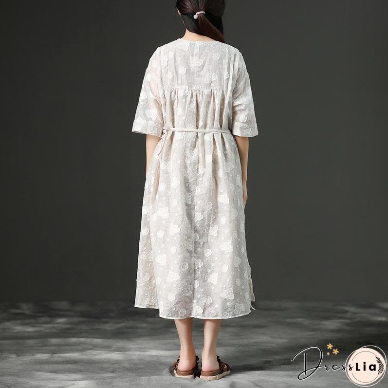 Loose Summer Lacing Beige Long Linen Women Dress