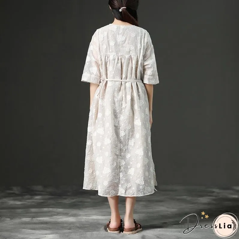 Loose Summer Lacing Beige Long Linen Women Dress
