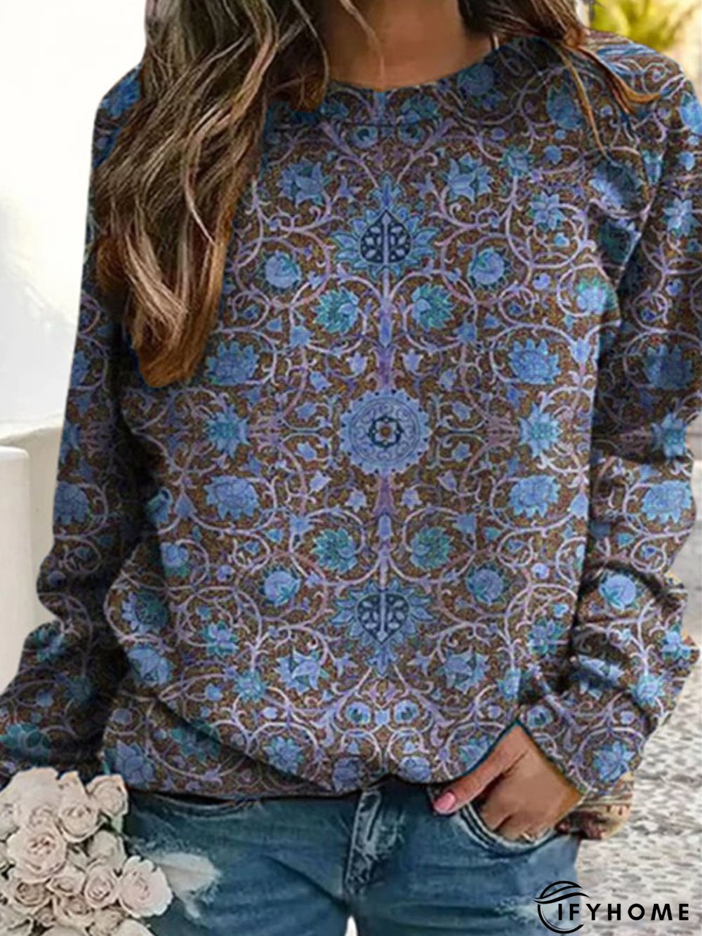 Casual Long Sleeve Crew Neck Ethnic Loose Sweatshirt | IFYHOME