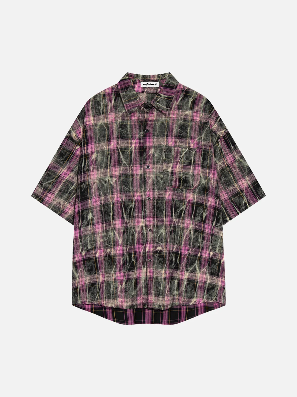 Purple Distressed Tie-Dye Plaid Short Sleeve Shirt Front