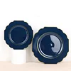 10 Pack | 8" Navy Blue Hard Plastic Dessert Appetizer Plates, Disposable Tableware, Baroque Heavy Duty Salad Plates with Gold Rim
