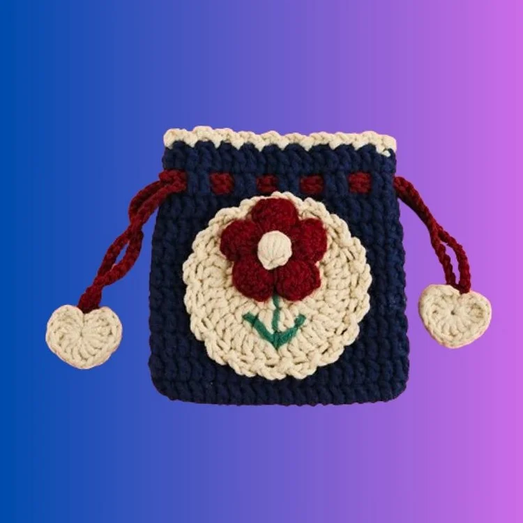 Lulusnow Handmade Navy Blue Flower Small Money Pouch Crochet Mini Drawstring Bag