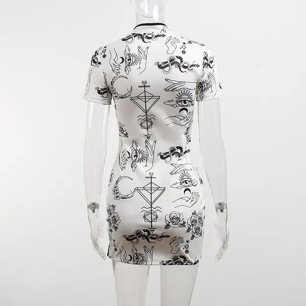 Womens Vintage Cheongsam Print Dress floral white short sleeve high waist skinny mini